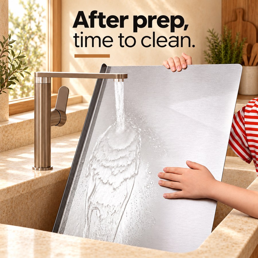 After prep, time to clean. — stainless steel cutting board with downward countertop lip