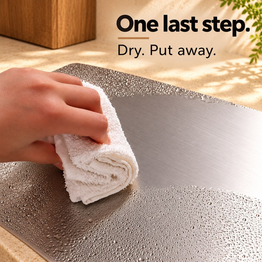 One last step. Dry. Put away. — stainless steel cutting board with downward countertop lip