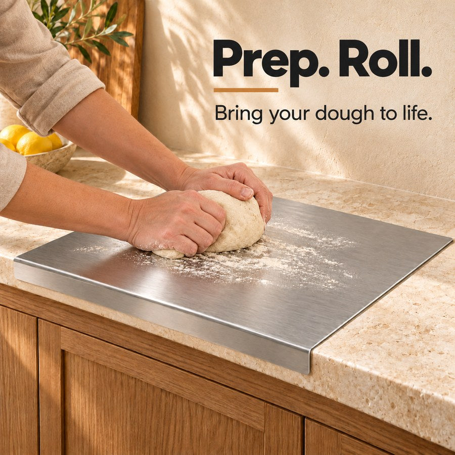 Prep. Roll. Bring your dough to life. — stainless steel cutting board with downward countertop lip