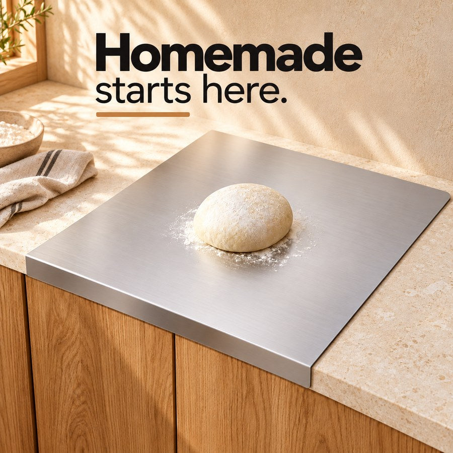 Homemade starts here. — stainless steel cutting board with downward countertop lip