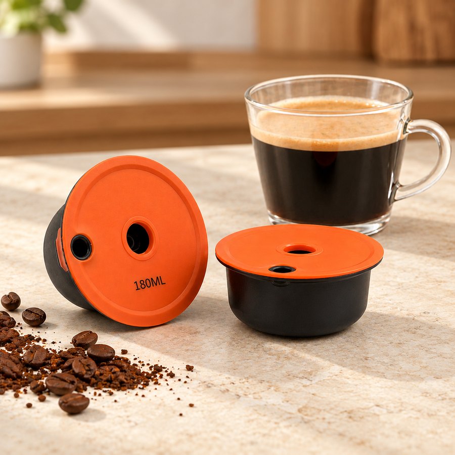 Orange reusable coffee capsule shown from two angles beside a cup of coffee.
