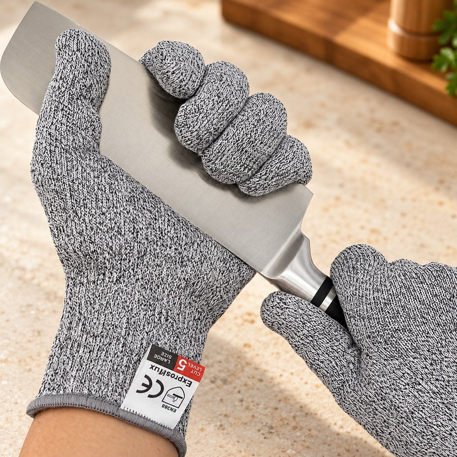 Gray kitchen protective gloves shown holding a knife.
