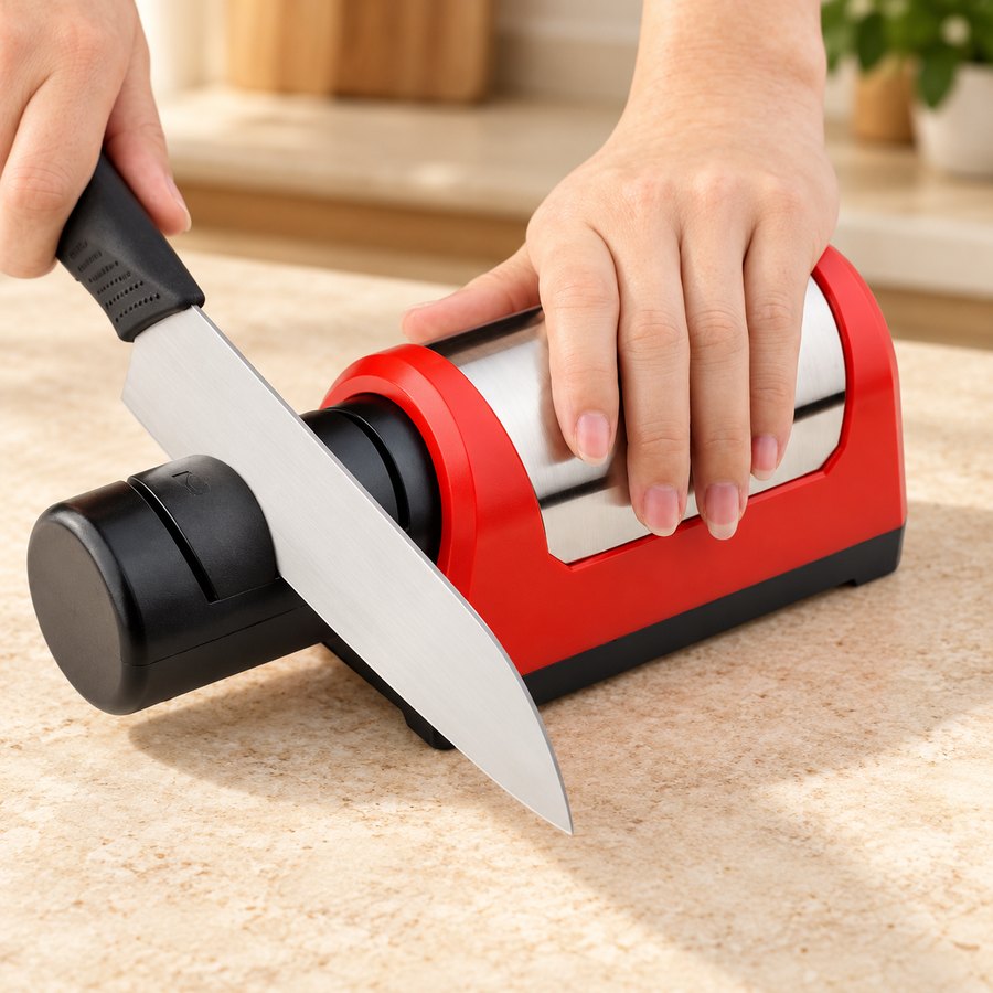 Red and silver knife sharpener shown in use on a beige countertop.
