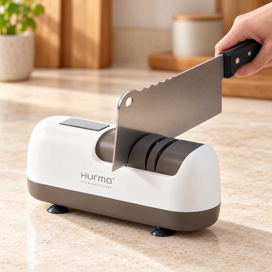 White and brown Hurma electric knife sharpener shown with a knife.
