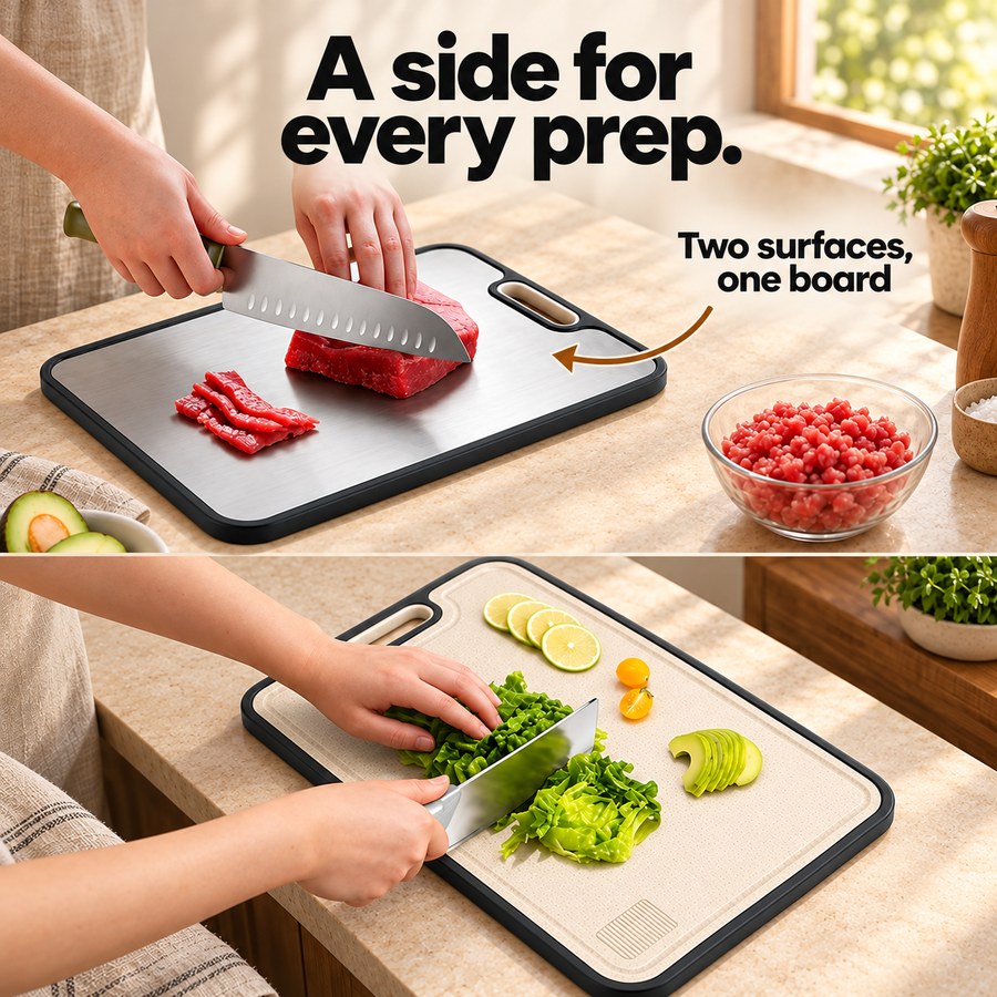 A side for every prep. Two surfaces, one board