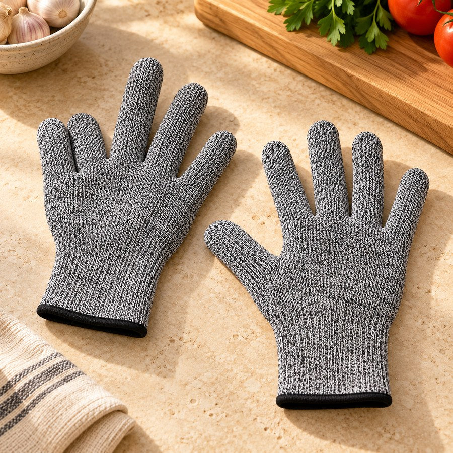 Grey knit kitchen gloves with black-trimmed cuffs