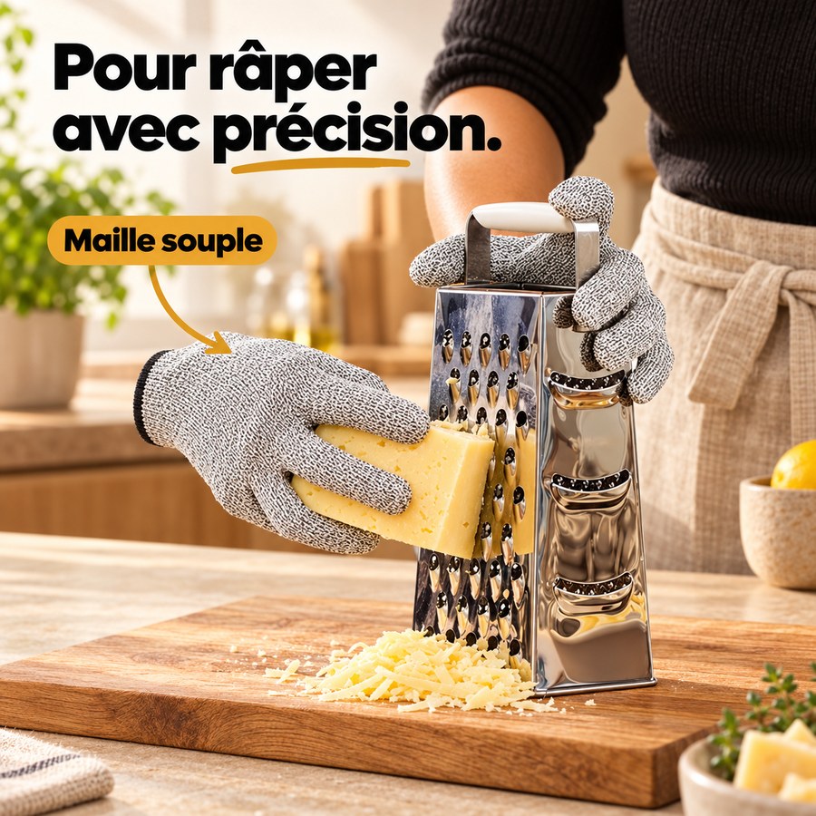 Gants anti-coupure utilisés avec une râpe de cuisine