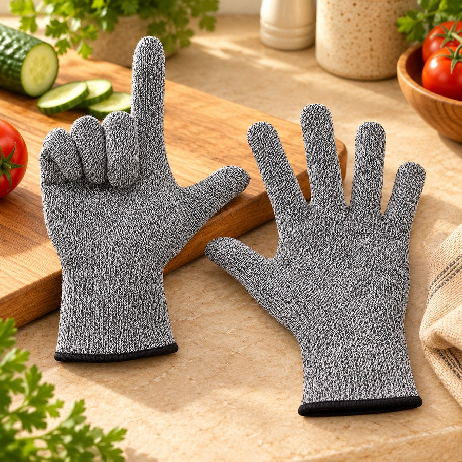 Grey knit kitchen gloves with black-trimmed cuffs