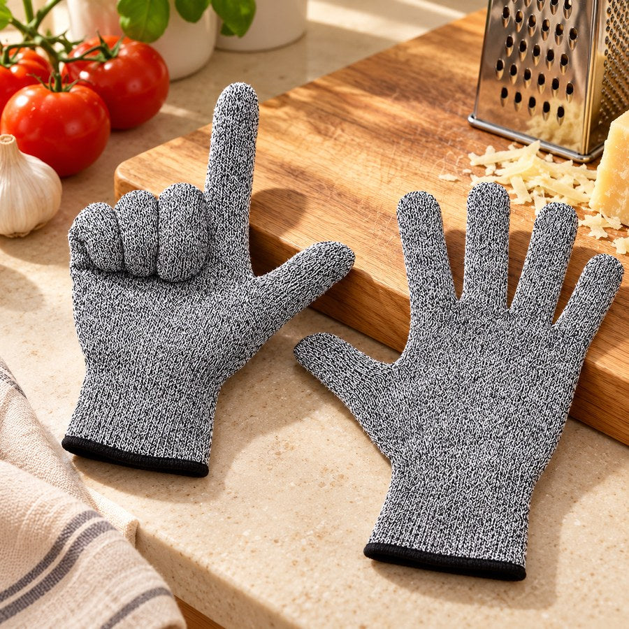 Grey knit kitchen gloves with black-trimmed cuffs