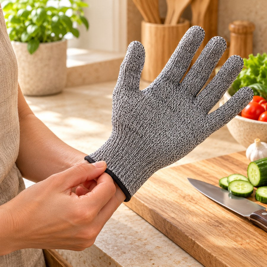 Grey knit kitchen gloves with black-trimmed cuffs