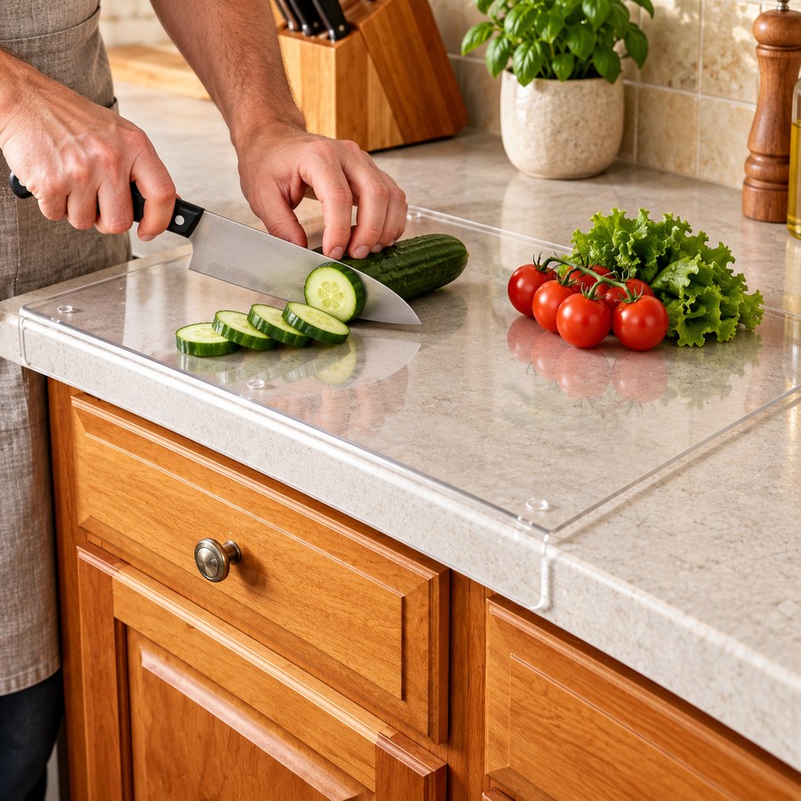 Clear acrylic cutting board with counter-edge lip
