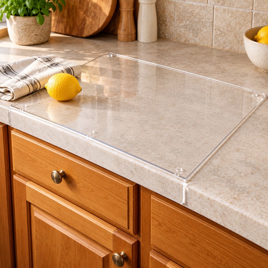 Clear acrylic cutting board with counter-edge lip