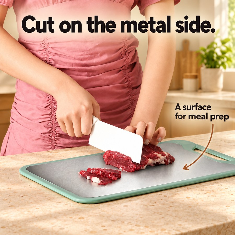 Cut on the metal side. A surface for meal prep