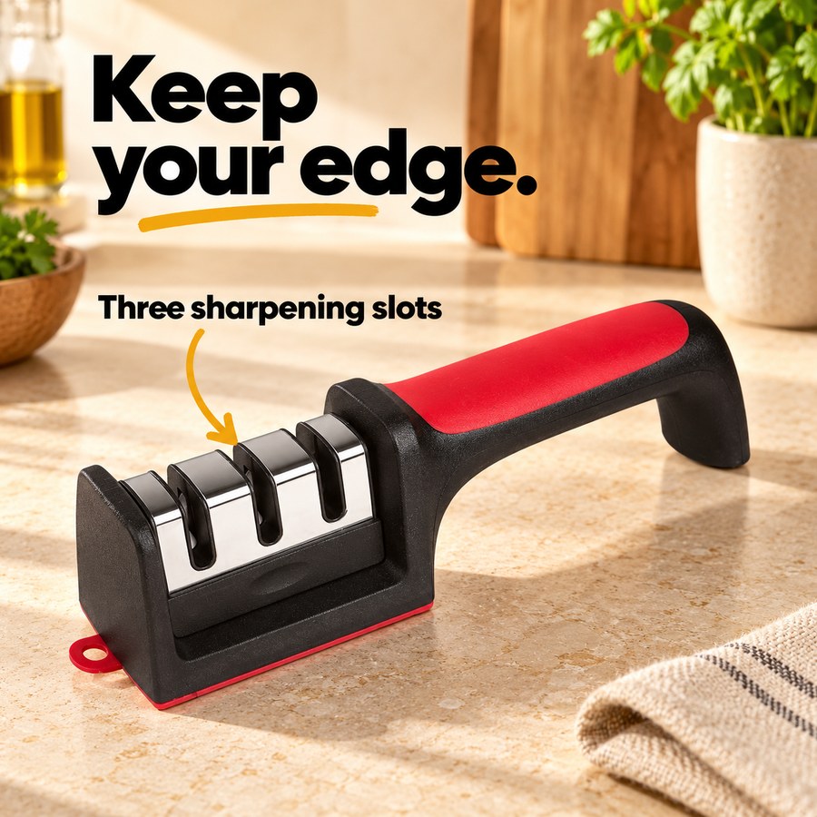 Keep your edge. — Three sharpening slots