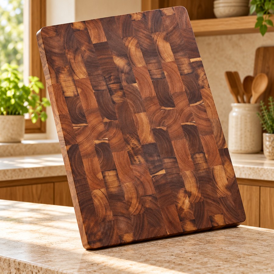Wooden cutting board in a warm kitchen