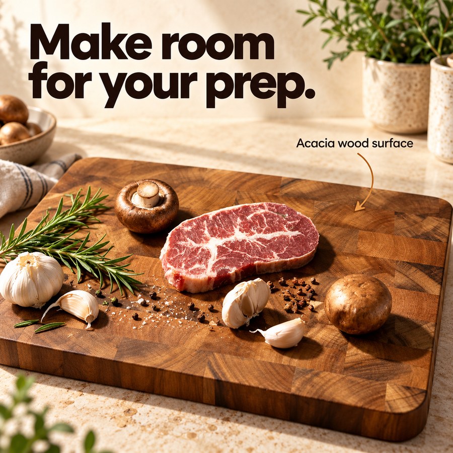 Make room for your prep. Acacia wood surface