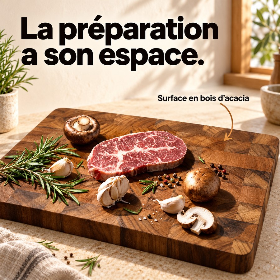 La préparation a son espace. Surface en bois d’acacia
