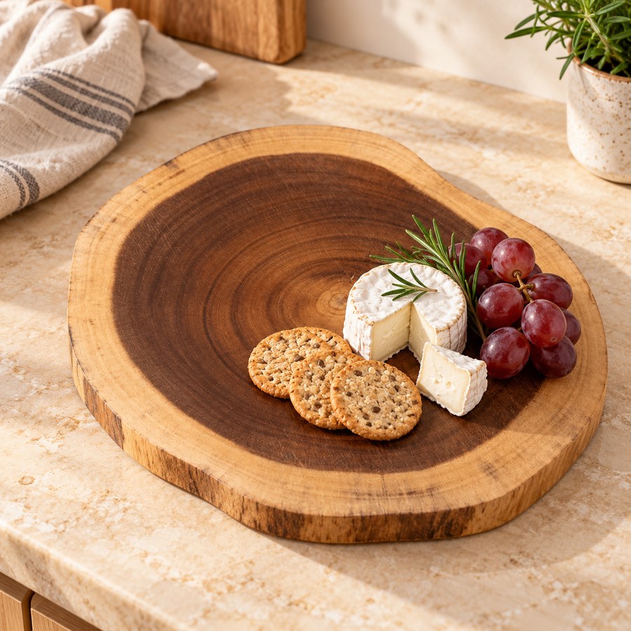 Round acacia cutting board with natural outline