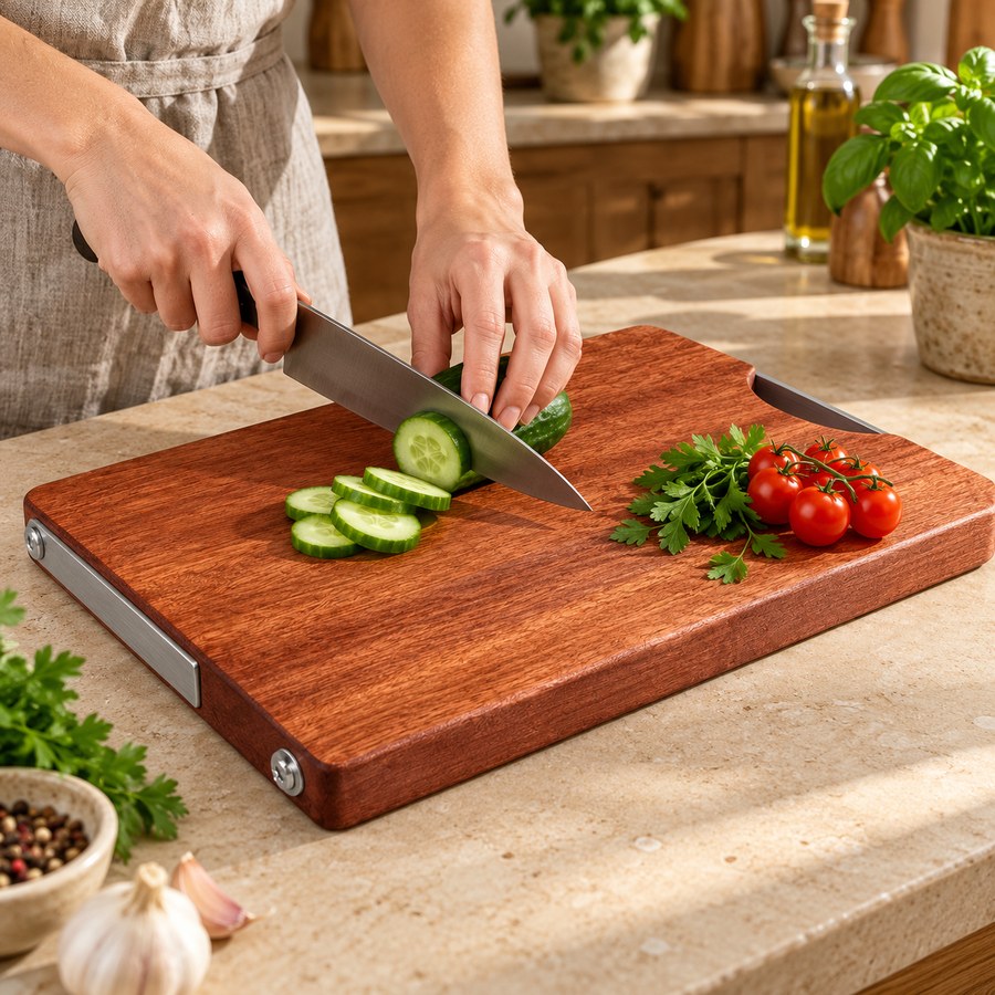Wooden cutting board in a warm kitchen