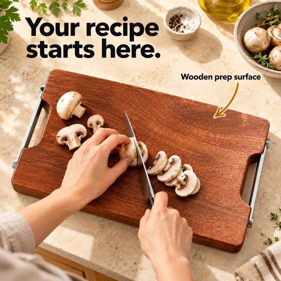 Your recipe starts here. Wooden prep surface