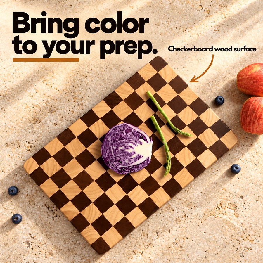 Bring color to your prep. Checkerboard wood surface