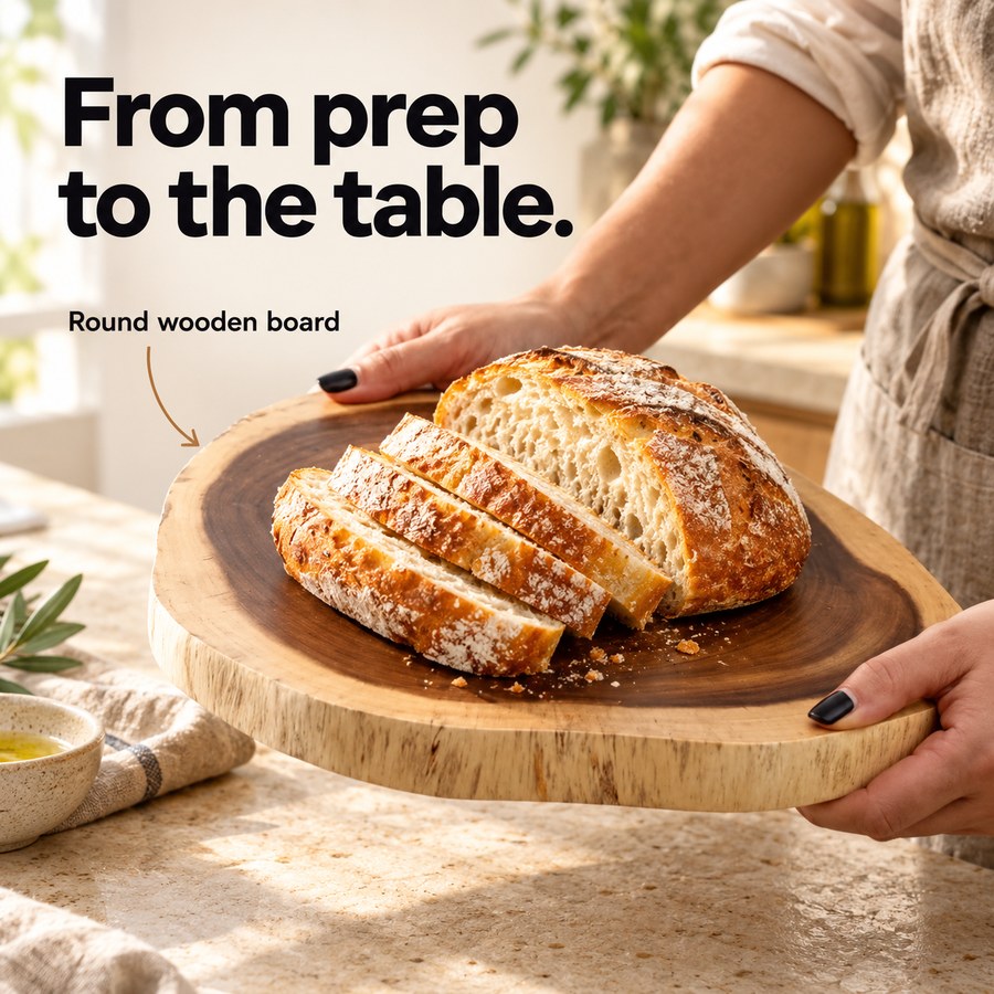 From prep to the table. Round wooden board