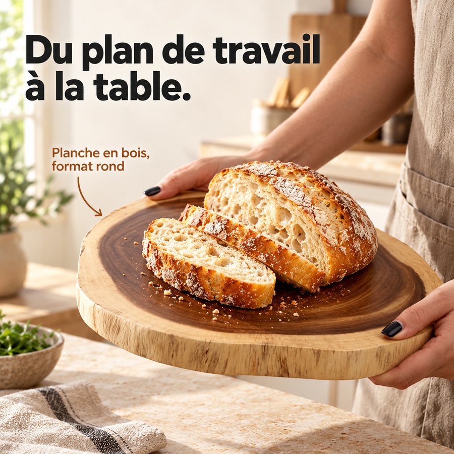 Du plan de travail à la table. Planche en bois, format rond