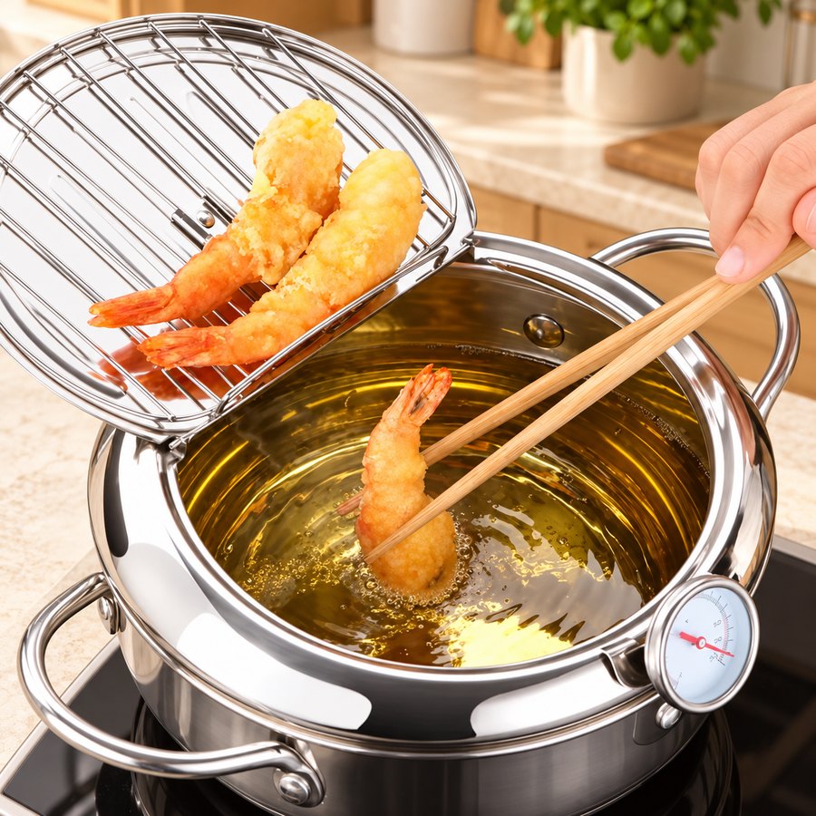 Stainless steel tempura fryer with thermometer and draining rack
