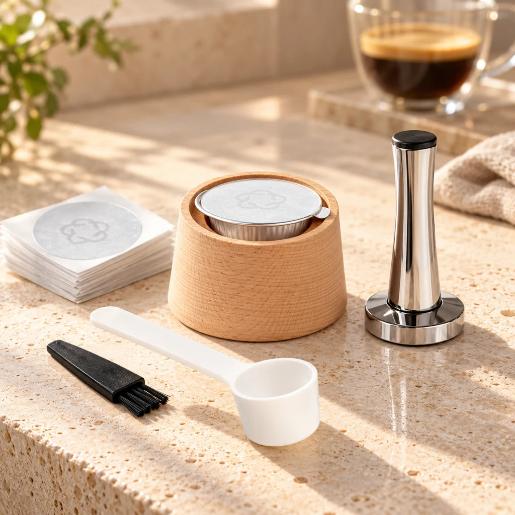 Reusable coffee pod in stainless steel and wood