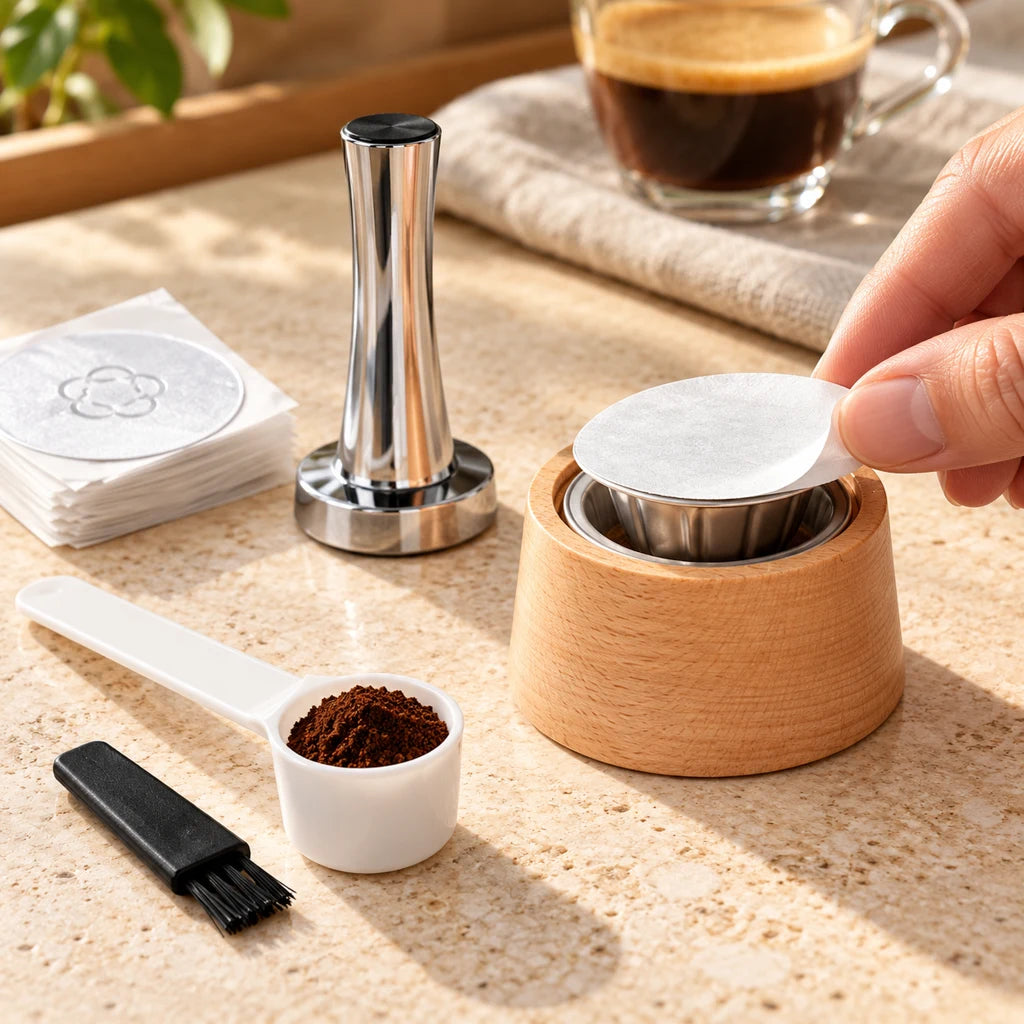 Reusable coffee pod in stainless steel and wood — view 2