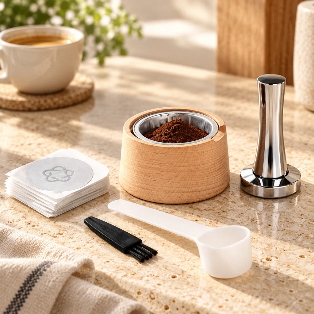 Reusable coffee pod in stainless steel and wood — view 3