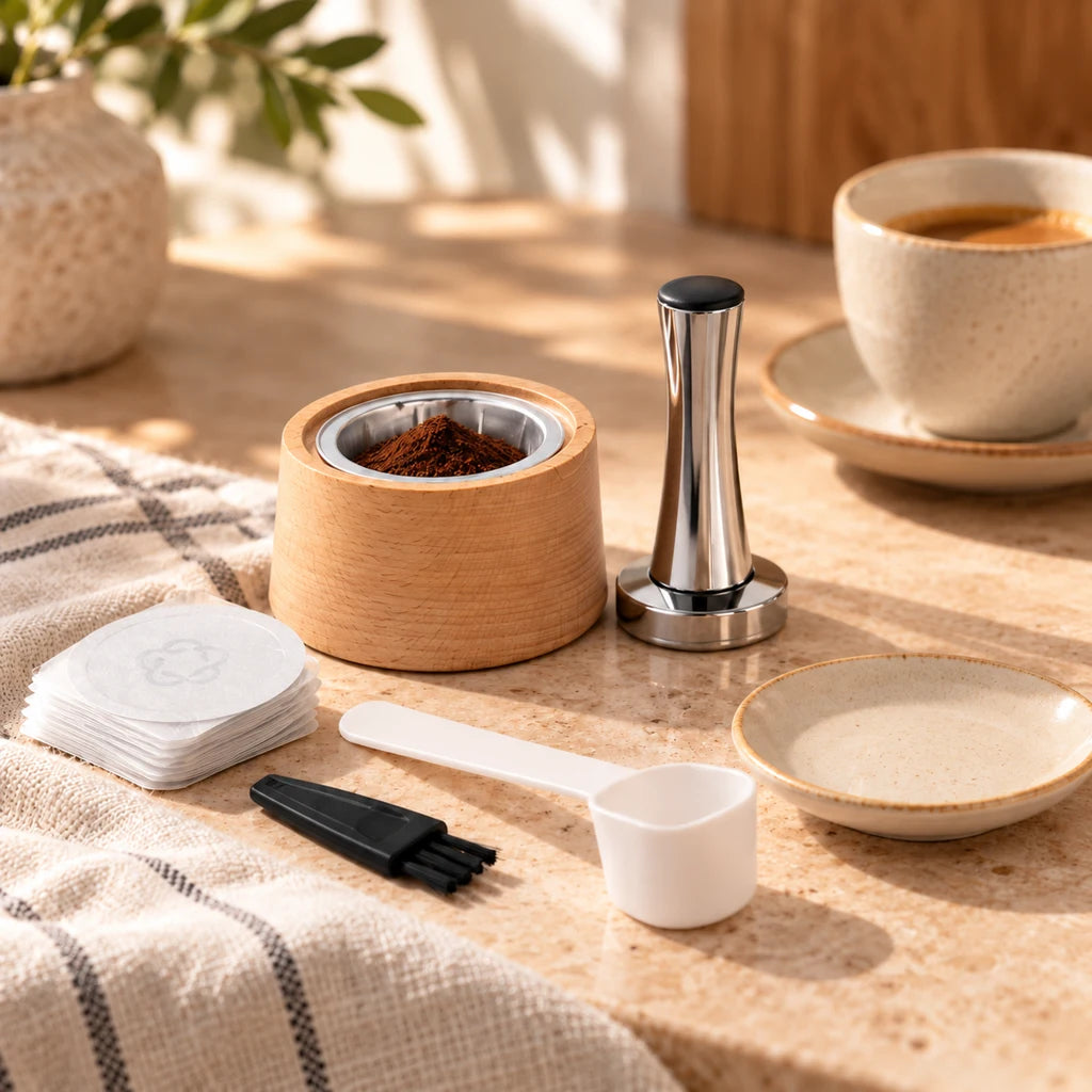Reusable coffee pod in stainless steel and wood — view 4