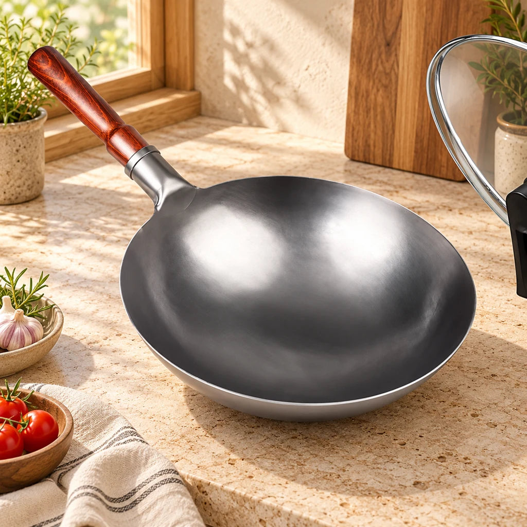 Wok with wooden handle
