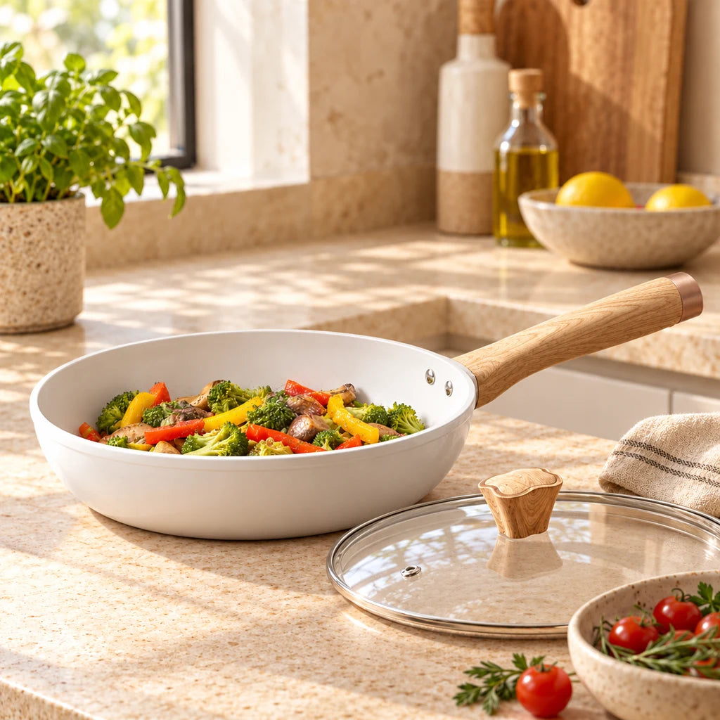 Lightweight white aluminum frying pan — view 2