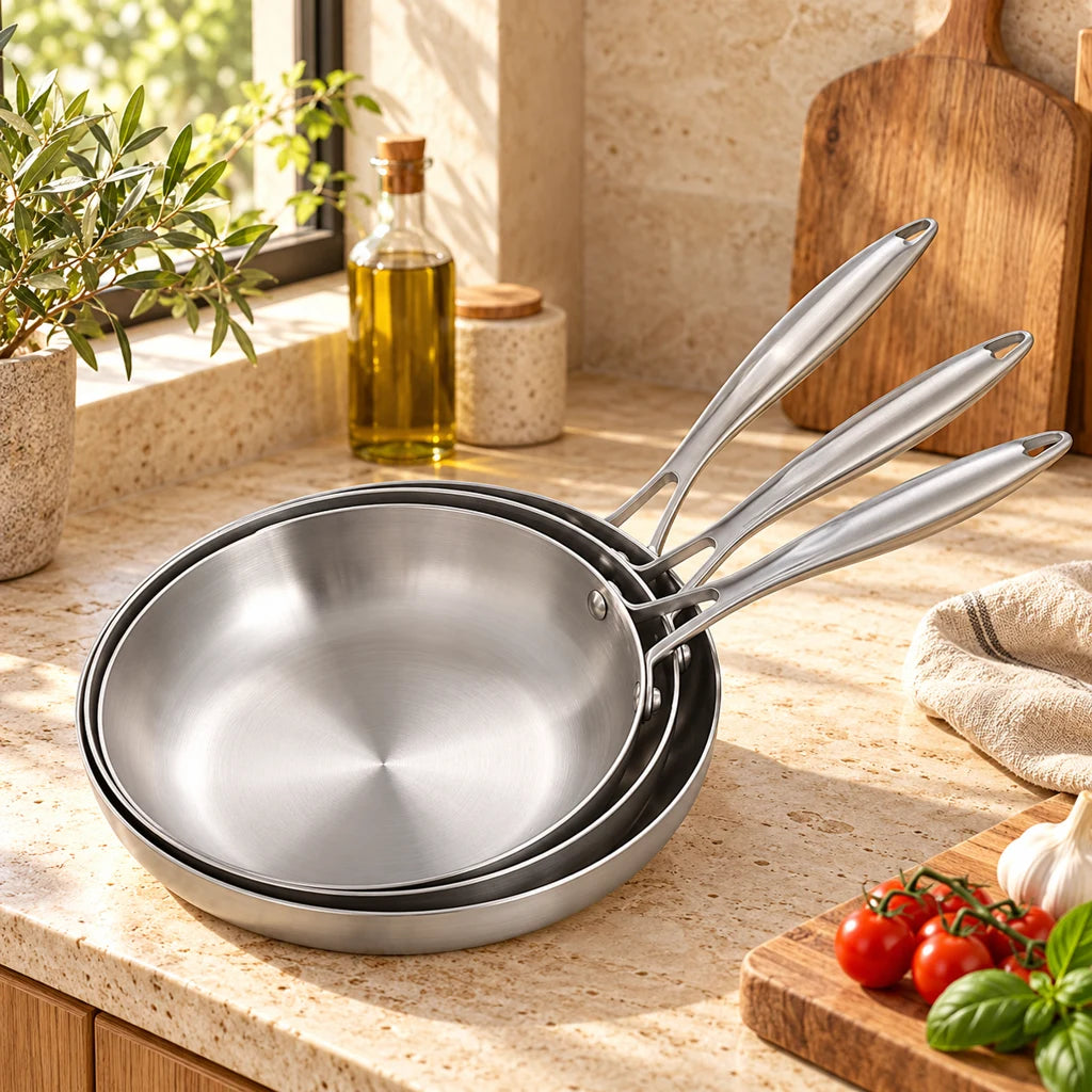 Set of 3 stainless steel frying pans