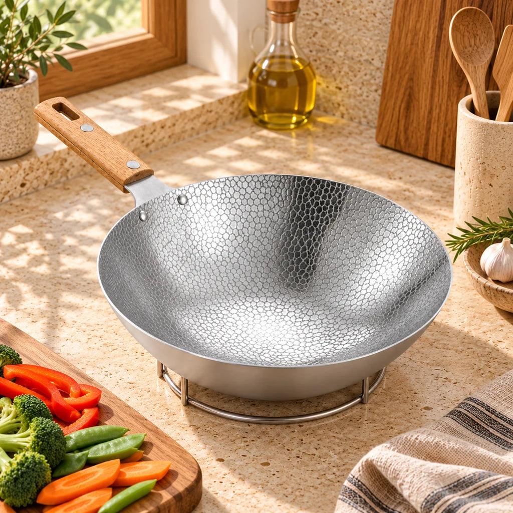 Stainless Steel Wok with Wooden Handle