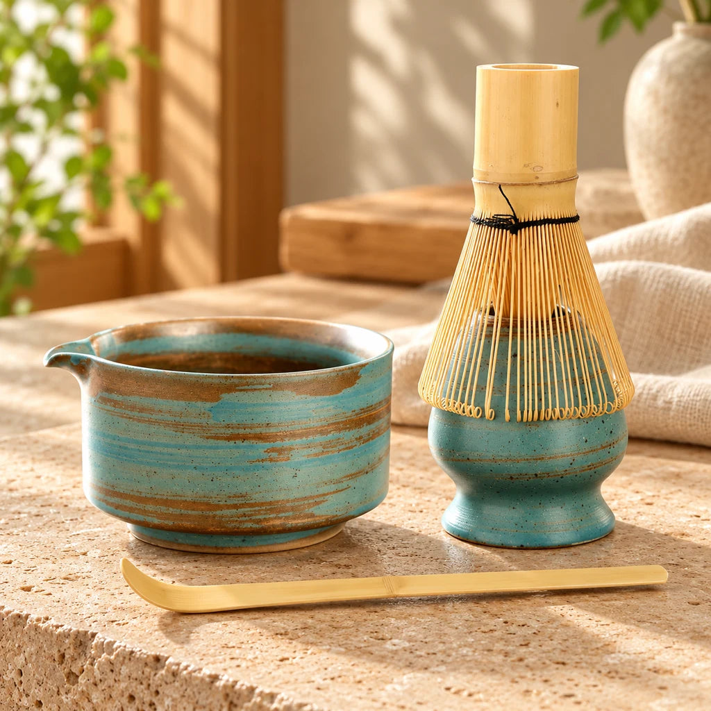 Matcha kit: whisks, bowl, sieve, ceramic whisk holder.