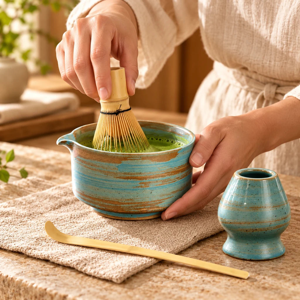 Matcha kit: whisks, bowl, sieve, ceramic whisk holder. — view 2