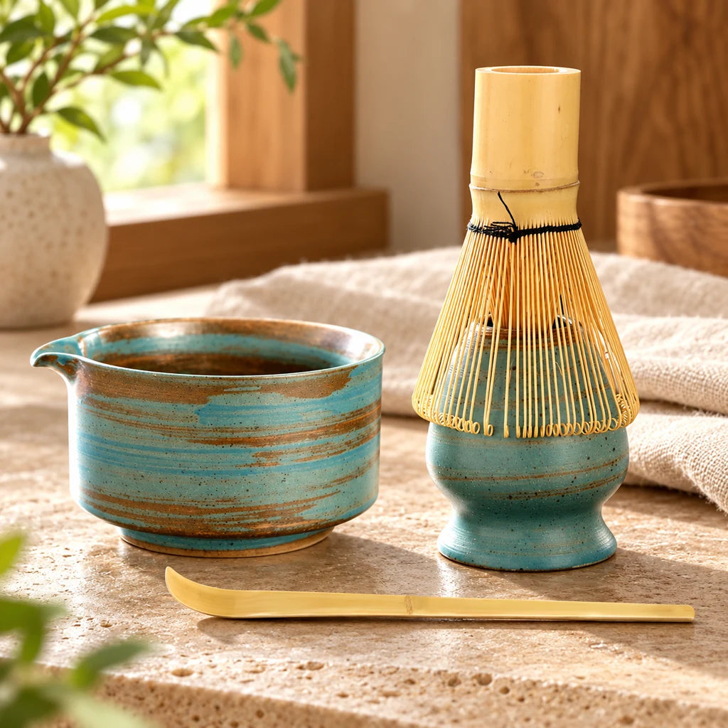 Matcha kit: whisks, bowl, sieve, ceramic whisk holder. — view 3