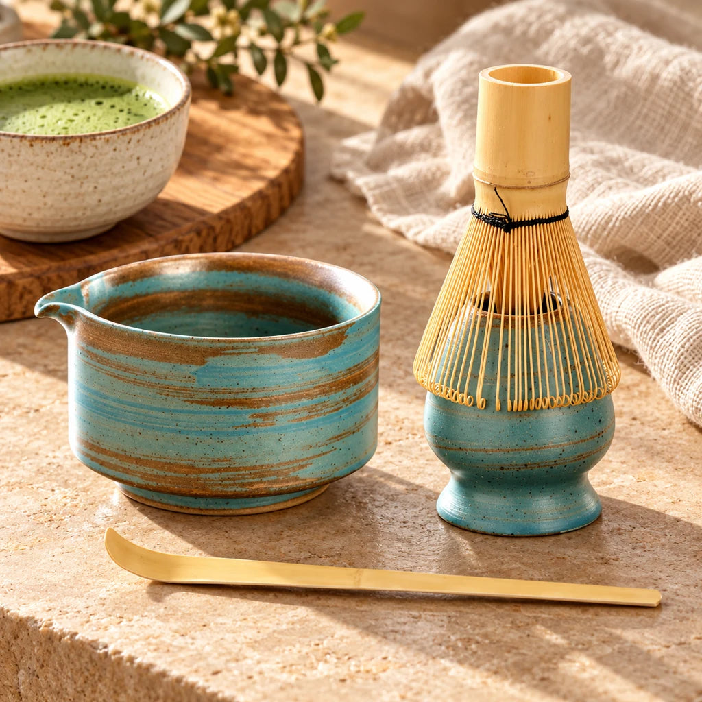 Matcha kit: whisks, bowl, sieve, ceramic whisk holder. — view 4