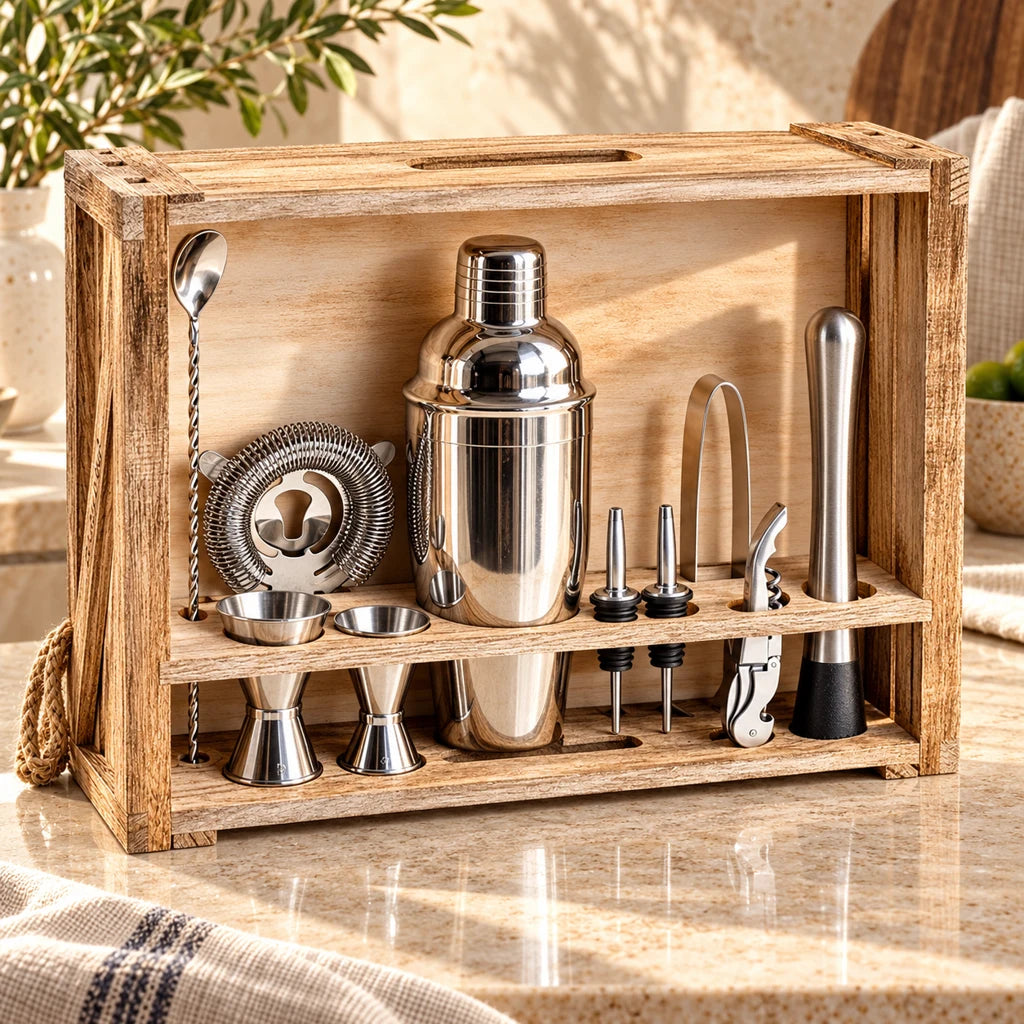 Rustic wood bartender set, cocktail shaker, 11 pieces