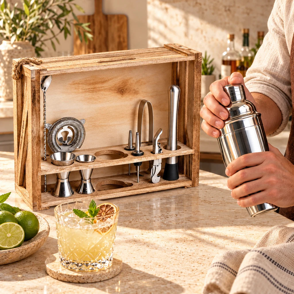 Rustic wood bartender set, cocktail shaker, 11 pieces — view 2