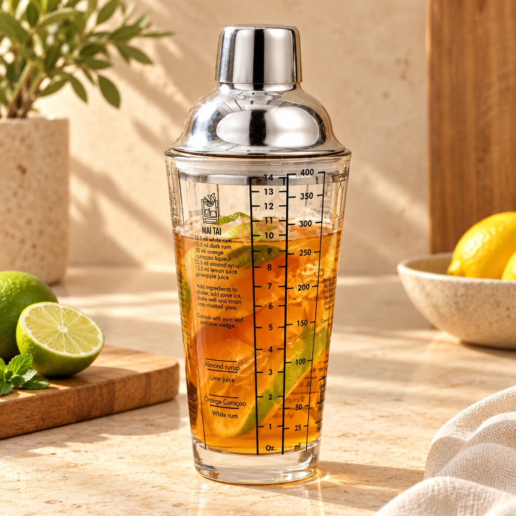 Glass cocktail shaker with scale, stainless steel strainer