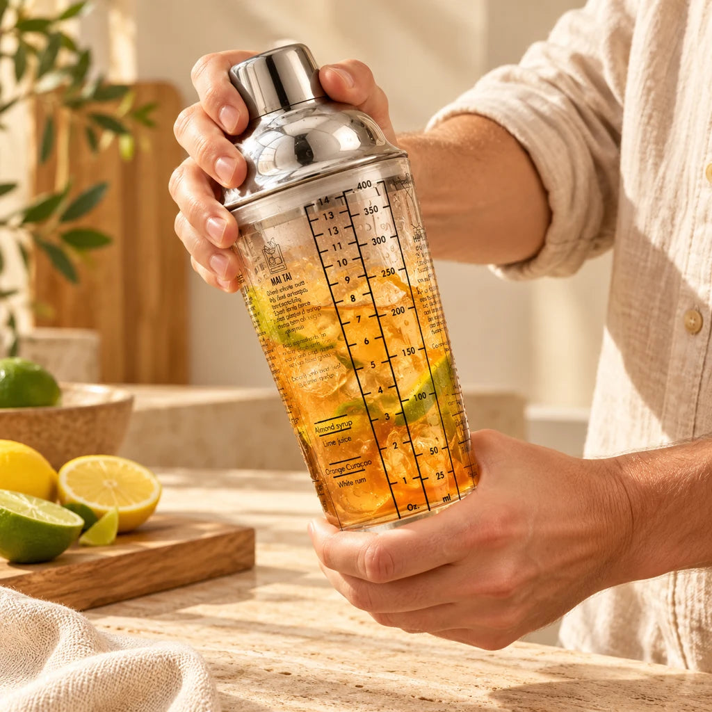 Glass cocktail shaker with scale, stainless steel strainer — view 2