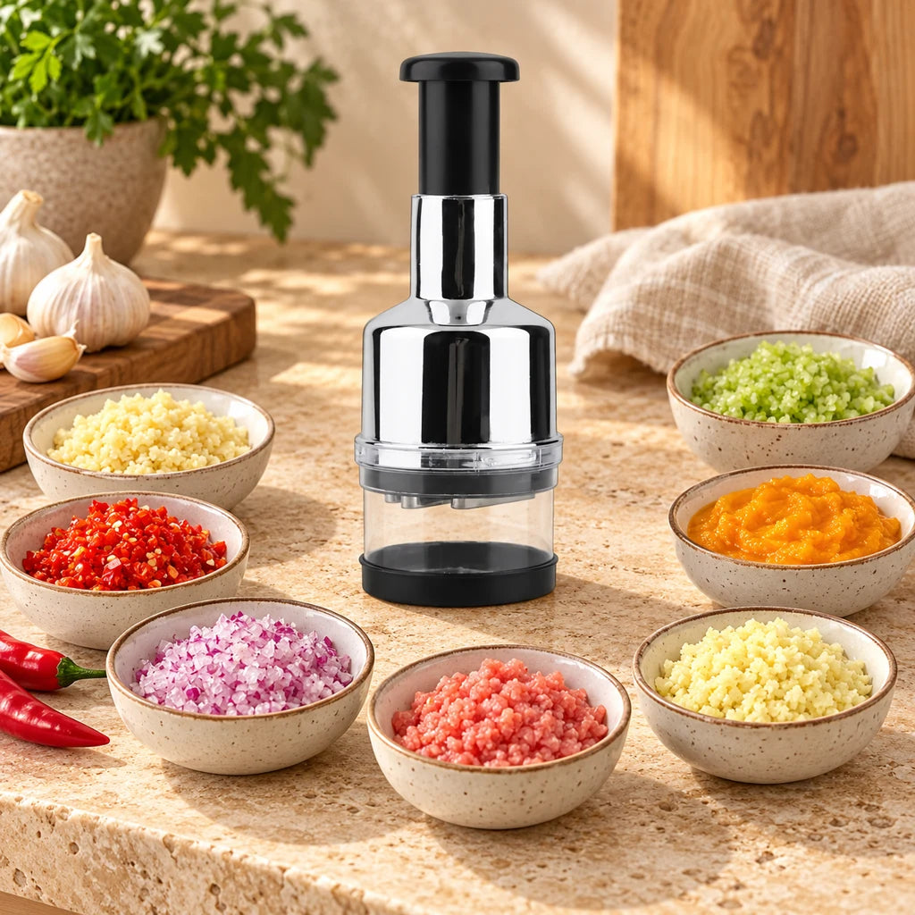 Manual food chopper with stainless steel blades