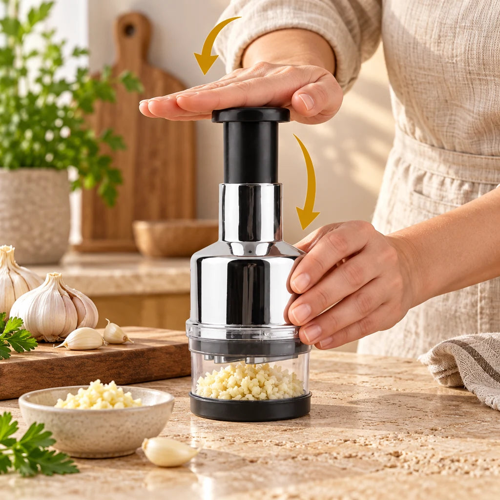Manual food chopper with stainless steel blades — view 2