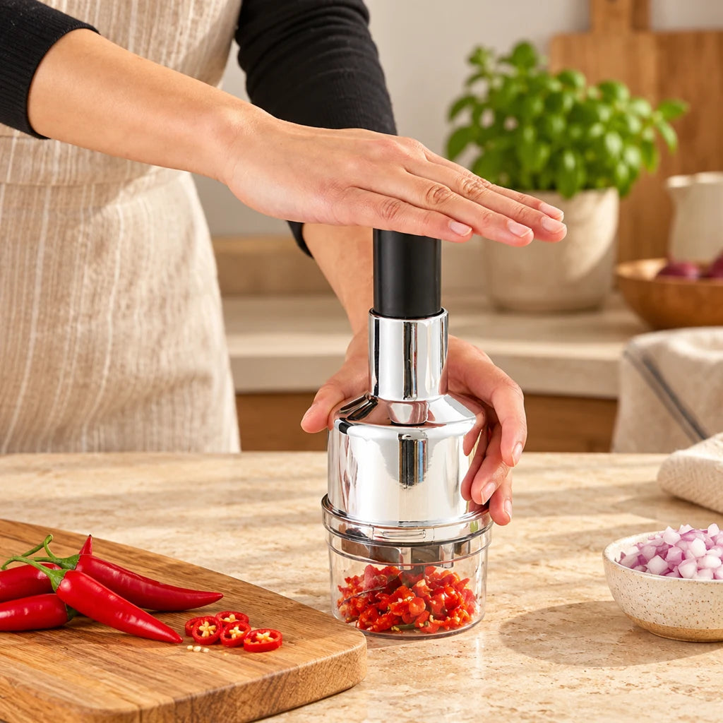 Stainless steel food choppers and press — view 2