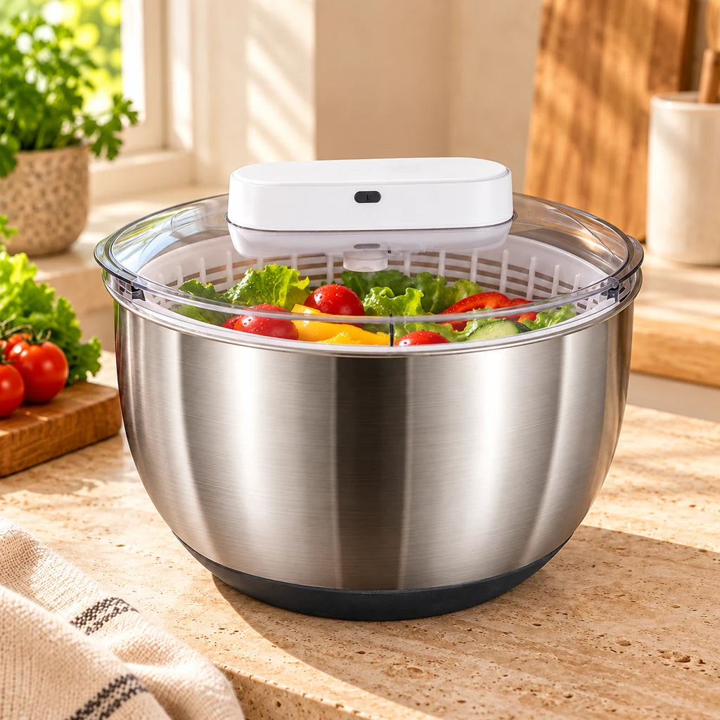 Electric stainless steel salad spinner