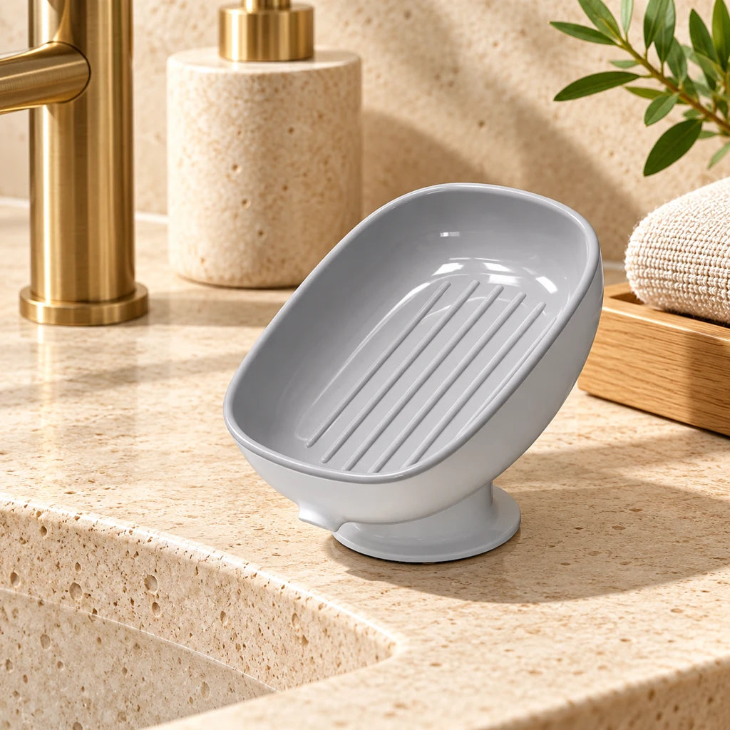 Angled suction soap dish
