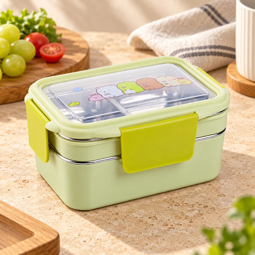 Green Compartmentalized Stainless Steel Kids Lunch Box Cartoon Patterns
